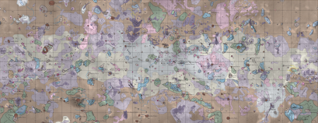 Geologic map of Io: U.S. Geological Survey Scientific Investigations Map 3168 (credit: U.S. Geological Survey. Department of the Interior/USGS. Williams, D.A., Keszthelyi, L.P., Crown, D.A., Yff, J.A., Jaeger, W.L., Schenk, P.M., Geissler, P.E., and Becker, T.L., 2011, Geologic map of Io: U.S. Geological Survey Scientific Investigations Map 3168, scale 1:15,000,000, 25 p., available at http://pubs.usgs.gov/sim/3168/ ) Geologic map of Io: U.S. Geological Survey Scientific Investigations Map 3168